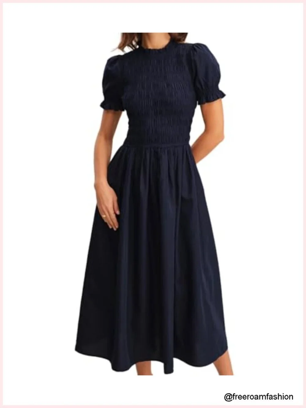 Plaid Gingham Midi Dress with Puff Sleeves, Smocked Bodice, A-Line, Vintage